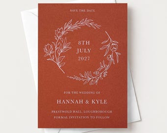 Burnt Orange Save the Date Cards With Envelopes, Wreath Wedding Announcement Invite Card