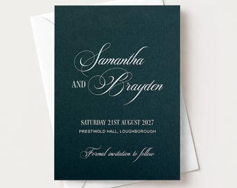 Green Save the Date Cards with envelopes, Personalised Script Wedding Announcement Invitation