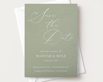 May include: A sage green Save the Date card with white text featuring the names Hannah & Kyle, the date 18th July 2025, and the location Prestwold Hall, Loughborough, resting on a white envelope. The card includes the text Formal invitation to follow.