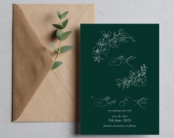Green save the date wedding card, Elegant blossom script save the dates, Dark green premium white ink save the date BLSM100b