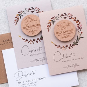 Guardar la fecha imán + tarjetas, corazón de madera personalizado guardar los imanes de fecha, ronda de otoño primavera verano guardar las fechas, corona guardar la fecha