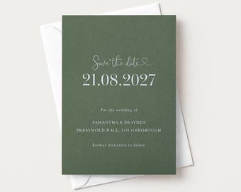 May include: A rectangular sage green save the date card with white text reading Save the date, 21.08.2027, For the wedding of SAMANTHA & BRAYDEN, PRESTWOLD HALL, LOUGHBOROUGH, and Formal invitation to follow, resting on a white envelope.