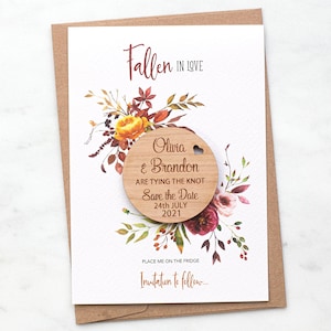 Rustic Save The Date Magnet with Cards, Autumn Fall Wedding Round Save-The-Dates, Custom Wedding Magnet Invite, Wooden Announcement, Floral