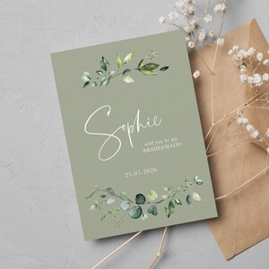 Gepersonaliseerde Wil je mijn bruidsmeisje kaart, Bruidsmeisje voorstel kaart, Eucalyptus trouwkaart voor haar, Salie groene botanische kaarten ERGN113