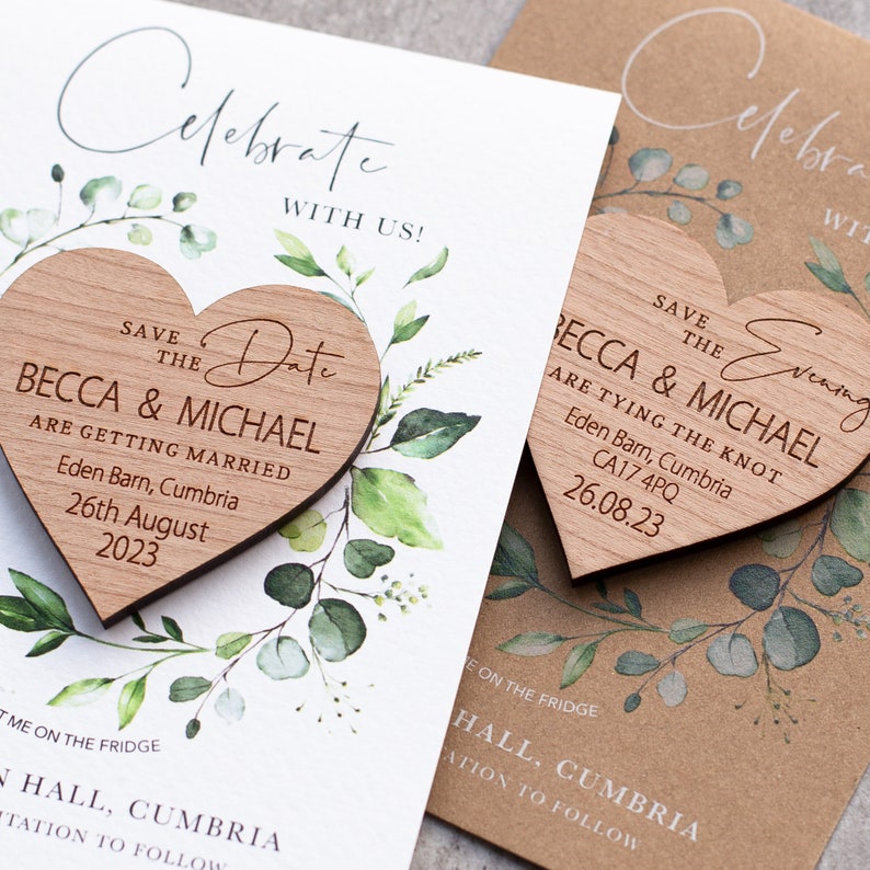 Save the date magnet Cards, Greenery heart save the date cards, Unique wooden wedding save the dates, Garden Foliage Summer Spring Fall image 9