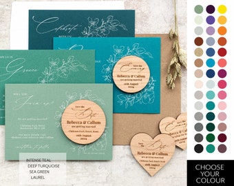 Classic Teal Save the date magnets & cards, Green blossom foliage save the date cards, Wooden wedding magnets, Garden vibrant save the dates