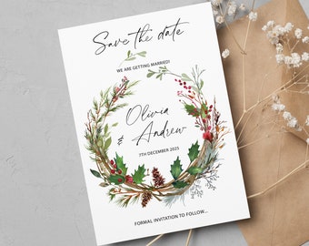Winter save the date cards, Christmas wedding save the dates, Holly winter wreath save the date card, WNFES100