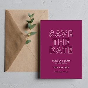 Rosa Save the Date Karte und Umschlag, Fuschia Modern Save the Dates, Magenta Fett Save the Date Karten
