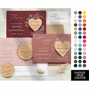 Classic Pink Save the date magnets & cards, Coloured blossom foliage save the date cards, Wooden wedding magnets, Blush heart save the dates