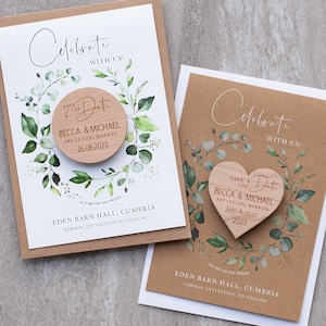 Holz Save the Date Magnet + Karten, Einzigartige Save the Date Karten, Farbige Karte rustikal Save the Dates, Laub botanische Karten