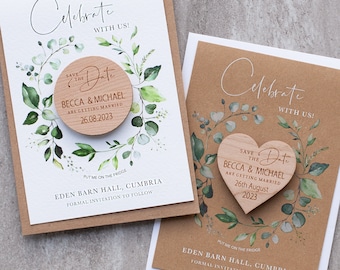 Holz Save the Date Magnet + Karten, Einzigartige Save the Date Karten, Farbige Karte rustikal Save the Dates, Laub botanische Karten