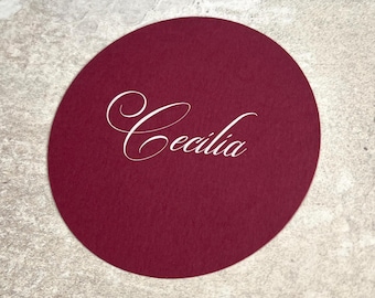 Round wedding place cards, burgundy personalised name card, custom circle guest names