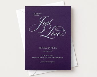 May include: A deep purple rectangular wedding invitation card with white text that reads NOTHING FANCY Just Love JENNA & PETE are getting married 6TH JUNE 2027 PRESTWOLD HALL, LOUGHBOROUGH formal invitation to follow, resting on a white envelope.