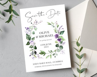Purple floral save the date cards, botanical eucaluptus save the dates with envelopes, botanical save our date PPEVG100d