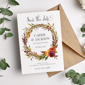 Couronne d'automne, réservez des dates, mariage d'automne, réservez des dates, feuille botanique florale, réservez la carte FLWTH100