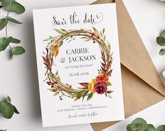 Fall wreath save the date cards, autumn wedding save the dates, Floral botanical leaf save the date card FLWTH100