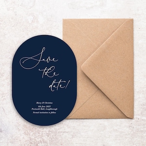 Dunkelblaue ovale Save the Date Karten mit Umschlägen, Fun Script Save the Date ovale Karten, Weiße Ink Save the Date Hochzeitskarten