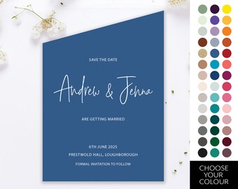 Angled save the date wedding card, modern script save our dates, blue save the date, white ink save the date JENNA106