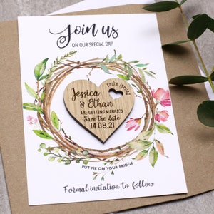 Save The Date Magnets & Cards, Rustic Wooden Heart Save The Dates, Unique Wedding Announcement, Foliage Botanical Custom Card, Floral Wreath