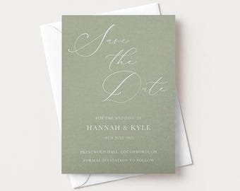 May include: A sage green rectangular Save the Date card with white text featuring the names Hannah & Kyle, the date 18th July 2025, and the location Prestwold Hall, Loughborough, resting on top of a plain white envelope.