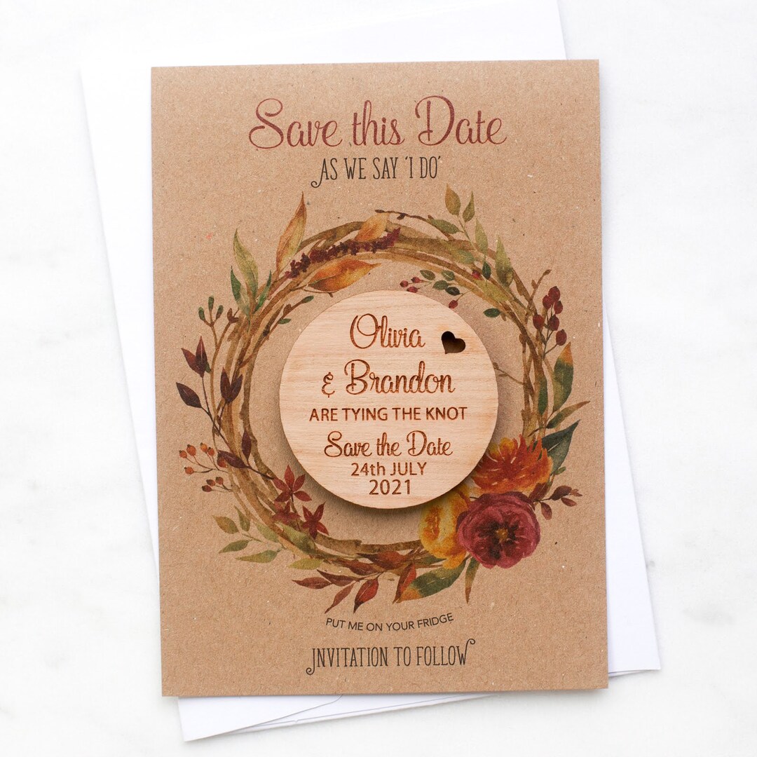 Save the Date Round Magnet With Cards, Autumn Fall Wedding Kraft Save ...