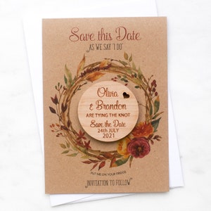 Save The Date Round Magnet with Cards, Autumn Fall Wedding Kraft Save-The-Dates, Custom Wedding Magnet, Rustic Wooden Announcement, Floral