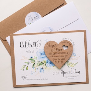 Blue Floral Save The Date Magnets, Save The Date Card with Light Blue Flowers, Wedding Wooden Heart Save-The-Dates, Summer, Spring