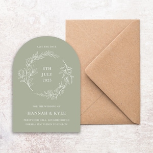 Salbei grüner Bogen Save the Date Karten mit Umschlägen, botanische Save the Date Karten, weiße Ink Save the Date Hochzeitskarten