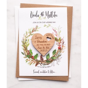 Christmas Save The Date Magnet with Cards, Winter Wedding Heart Save-The-Dates, Wooden Wedding Magnet, Rustic Custom Announcement, Wreath