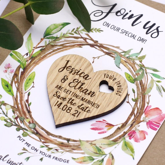 Heart Wedding Magnet Boho Save The Date cards save the date unique heart wedding invitation save the date with wooden magnet