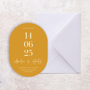 Cartes "Retenez cette date" ovales jaunes avec enveloppes, Cartes "Retenez cette date" modernes, encre blanche, Retenez nos dates de mariage