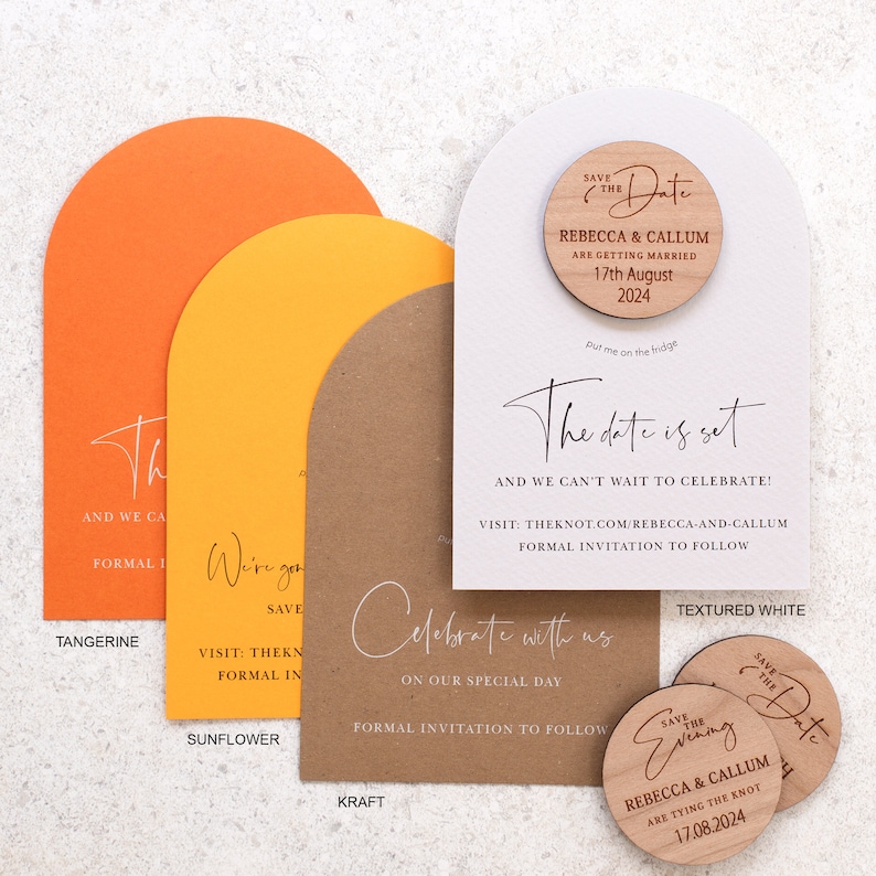 Yellow arched save the date magnets and cards, rustic modern coloured cards with white ink, luxury classic kraft save the date cards, orange image 3