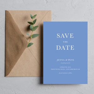 Blaue Save the Date Karte, Modernes Staubblau Save the Dates, Elegantes Kornblumenblau Save the Date mit Umschlägen