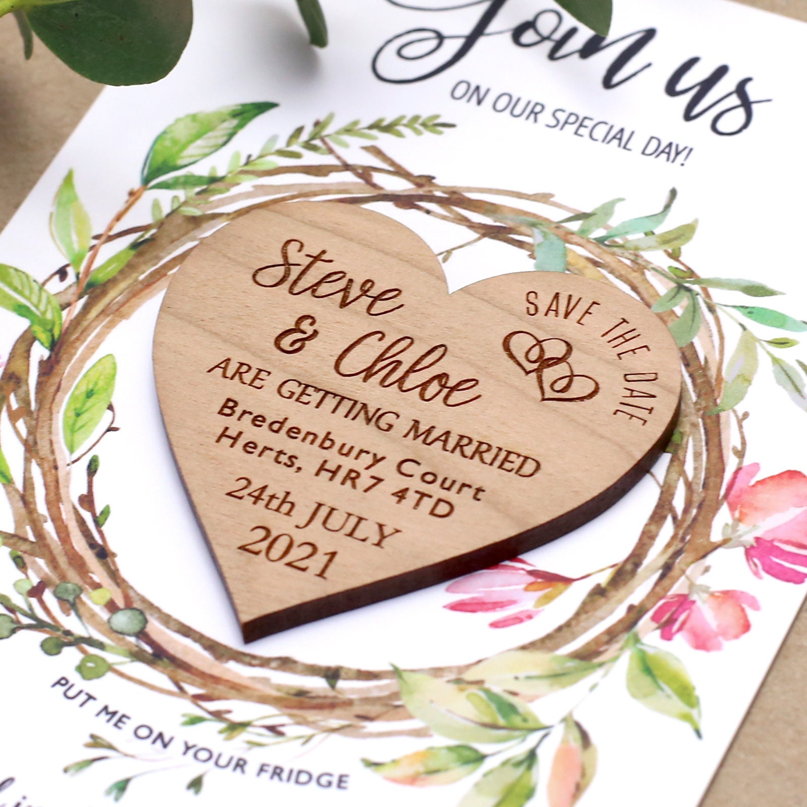 Personalised Rustic Wooden Heart Save The Date Fridge Magnet Wedding Invites 