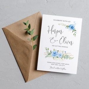Blaue florale Save the Date Karten, Blaue Hochzeit Save the Date Kranz, Blaue Rose botanische Save the Date Kranzkarte BTBLU100
