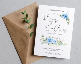 Blue floral save the date cards, Blue wedding save the evening cards, Blue rose  botanical save the date wreath card BTBLU100