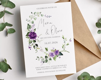 Purple floral save the date cards, purple wedding save the evening cards, Floral botanical save the date wreath card PPEVG100