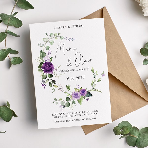 Purple floral save the date cards, purple wedding save the evening cards, Floral botanical save the date wreath card PPEVG100