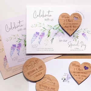 Lavendel bloemen bewaren de datummagneten, groen bewaren de datumkaarten met paarse bloemen, lente zomer bruiloft, paarse huwelijksaankondiging