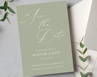 May include: A sage green rectangular save the date card featuring white text that reads Save the Date for the wedding of Hannah & Kyle, 18th July 2025, Prestwold Hall, Loughborough, formal invitation to follow, paired with a white envelope.