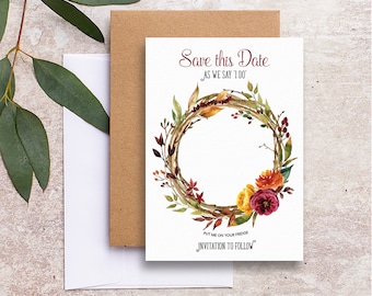 Fall wreath save the date wedding backing card, Autumn fall floral backing card for magnets FLWTH101a