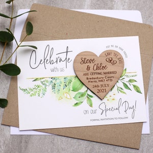 Save The Date Magnet with cards, Personalised Wedding Invitation Magnets, Foliage Spring Summer, Rustic Wooden Heart Save-The-Date Magnets