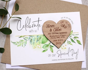 Save The Date Magnet with cards, Personalised Wedding Invitation Magnets, Foliage Spring Summer, Rustic Wooden Heart Save-The-Date Magnets