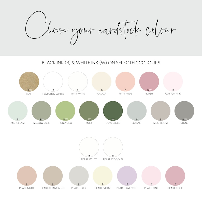 Pu&ograve; includere: Una tabella che mostra diversi colori di cartoncino per la cancelleria, con la possibilit&agrave; di inchiostro nero o bianco. I colori includono Kraft, Bianco testurizzato, Bianco opaco, Calico, Nude opaco, Blush, Rosa cotone, Crema menta, Salvia dolce, Rugiada, Muschio, Verde oliva, Sale marino, Fungo, Pietra, Bianco perla, Oro ghiaccio perla, Nude perla, Champagne perla, Grigio perla, Avorio perla, Lavanda perla, Rosa perla e Rosa perla.