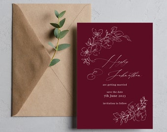 Burgundy save the date wedding card, Elegant blossom script save the dates, Maroon premium white ink save the date BLSM100a