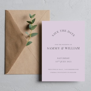 Lila Save-the-Date-Karte und Umschlag, helllila Save-the-Dates, minimalistische Luxus-Save-the-Date-Karten