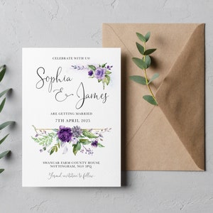 Cartes de sauvegarde pourpres à feuilles persistantes pourpres, mariage violet, cartes de sauvegarde de la soirée, carte de couronne florale botanique PPEVG100b