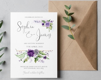 Purple evergreen save the date cards, purple wedding save the evening cards, Floral botanical save the date wreath card PPEVG100b