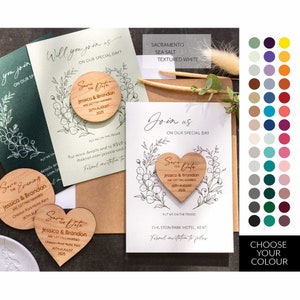 Grüne Save the Date Magnete & Karten, Grüne Blätter Hochzeit Save The Date Karten, Holz Hochzeitsmagnete, Elegante Eukalyptus Save the Dates