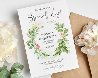 Foliage save the date cards, summer wedding save the dates, Floral botanical leaf save the date card SRGDN100